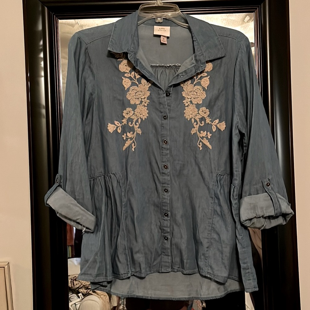 Knox rose denim button-down, blouse with khaki embroidery